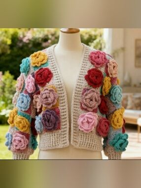 Handmade Crochet 3D Rose  Cardigan — Multicolor on Beige